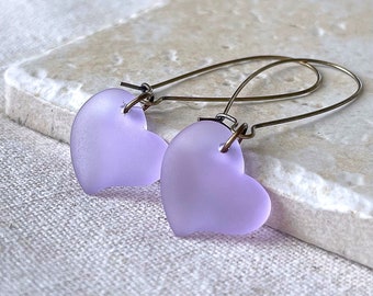 Lavender Heart Sea Glass Valentine Earrings, Gifts Under 30, Soft Purple Dangle Heart Earrings, Adorable and Festive GALentine’s Gifts