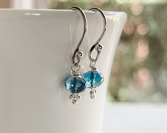 Tiny London Blue Topaz Earrings, Delicate Dangle Earrings, Topaz Gemstones Wrapped in Sterling Silver, Gifts for Her