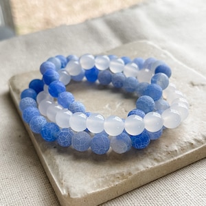 Sky Blue Weathered Agate Bracelet Stack - A Set of 3 Natural Stone Bracelets with Stretch Fit - Mother&#39;s Day Gifts