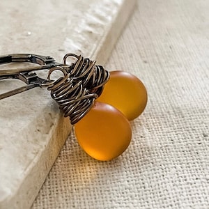 Golden Autumn Drop Earrings, Frosted Topaz Czech Glass Earrings, Antiqued Brass Wrapped Teardrop Earrings, Gifts for Her, Gifts under 30