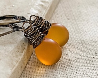 Frosted Topaz Czech Glass Drop Earrings, Antiqued Brass