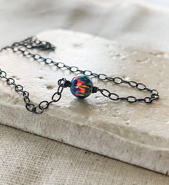Fire Opal Pendant Necklace Wrapped in Hand Oxidized Sterling Silver, Northern Lights