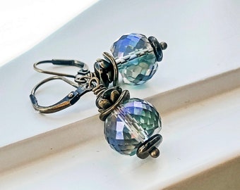 Ice Blue Glass Dangle Earrings, Small Blue Water Drop Earrings, Antiqued Brass Wire Wrapped, Gifts Under 30