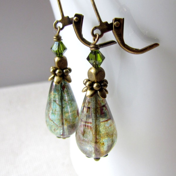 Forest Green Czech Glass Earrings, Sage Green Earth Tone, Teardrop Earrings With Marbled Picasso Finish, Wire Wrapped in Antiqued Brass