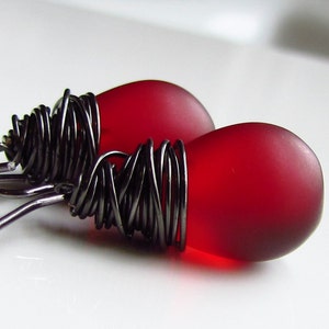 Dark Red Glass Tiny Dangle Earrings - Perfect Gift for Mom Under 25, Wire Wrapped Drop Style Earrings - Includes Gift Wrap