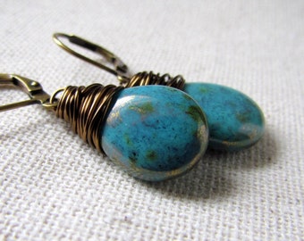Earthy Turquoise Blue-Green Glass Earrings - Gifts for Her Under 30, Blue Czech Glass Dangle Earrings Hand Wrapped in Antiqued Brass