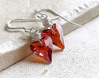 Tiny Red Heart Earrings, Cute Heart Dangle Earrings For Her Under 40, Girlfriend Gifts, Sterling Silver Wire Wrapped Jewelry