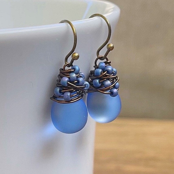 Periwinkle Blue Sea Glass Earrings, Desert Flower Wrapped in Antiqued Brass, Hydrangea Blue Tiny Drop Earrings, Gift For Her Under 30