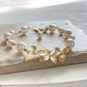 Ivory Pearl and Gold Flower Bracelet, Woodland Inspired Wedding, Orchids and Gold - Vintage Style Handmade Pearl Chain Bracelet