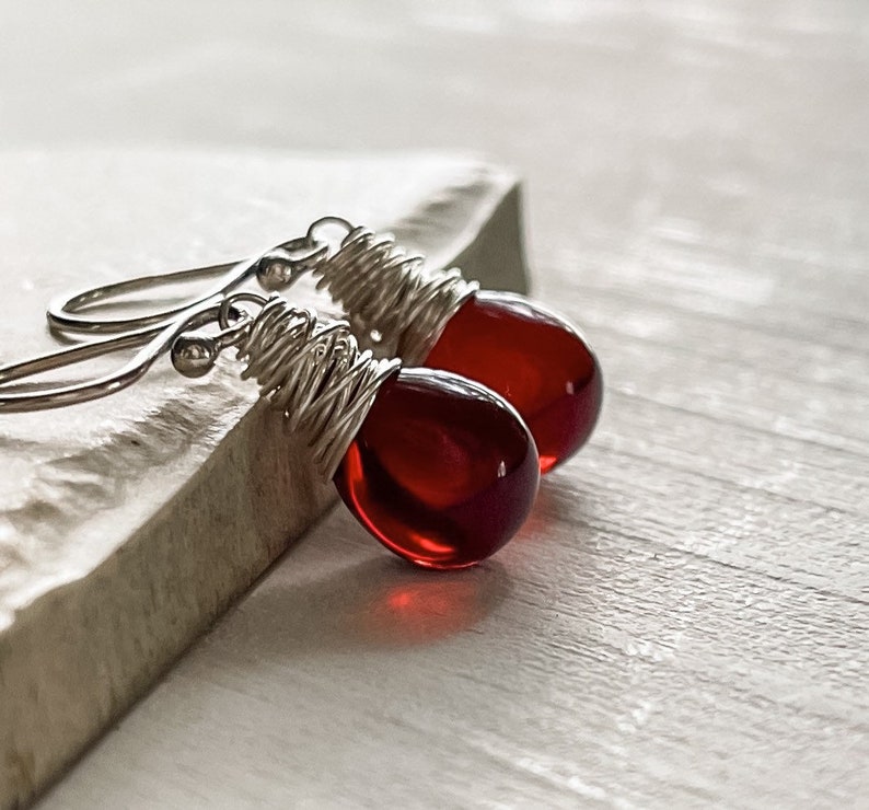 January Birthstone Garnet Red Earrings, Czech Glass in Pomegranate, Dark Red Teardrop Earrings, Sterling Silver Handmade Jewelry image 7