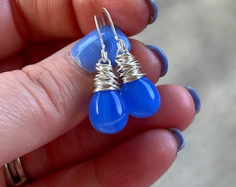 Periwinkle Blue Czech Glass Earrings, Capri Blue Dangle, Something Blue Drops Hand Wrapped in Sterling Silver, Gifts For Her Under 40