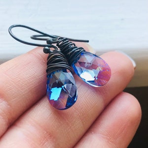 Ice Blue Crystal Earrings, Light Sapphire Blue Earrings, Blue Teardrop Earrings, Dark Oxidized Sterling Silver, Swarovski Crystal, Antiqued