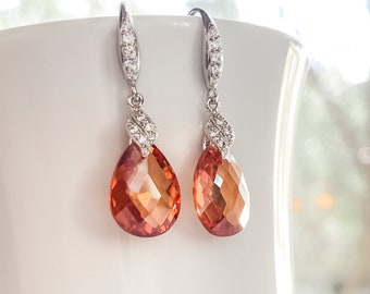 Champagne Topaz CZ Drop Earrings, Sparkly CZ Dangle Earrings for Her, Amber Topaz Birthstone Cubic Zirconia Wrapped in Sterling Silver