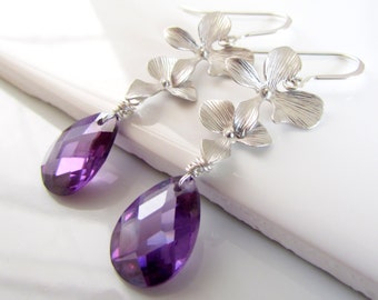 Dark Amethyst Cubic Zirconia Drop Style Earrings, Silver Orchid Bridal Jewelry, Bridesmaid Gift, Floral Jewelry Gifts for Her