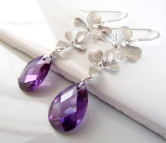 Pretty Orecchini A Fiore In Argento 925 Con Ametista Sfaccettata, Viola, Gancio Sicuro