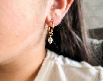 Pearl Hoop Earrings, Freshwater Cream Pearl Hoops, 18KT Gold Dipped Pearl Drop Earrings, Gifts Under 30, Everyday Wear Gold Pearl Hoops