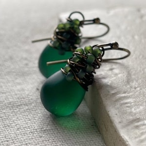 Emerald Green Sea Glass Earrings, Forest Green Tiny Dangle Earrings, Czech Glass Hand Wire Wrapped in Antiqued Brass, Gifts For Her Under 40