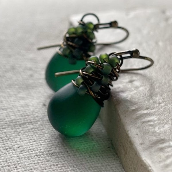 Emerald Green Sea Glass Earrings, Forest Green Tiny Dangle Earrings, Czech Glass Hand Wire Wrapped in Antiqued Brass, Gifts For Her Under 50