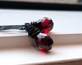 January Birthstone Garnet Cubic Zirconia Dangle Earrings, Sparkly Teardrop Earrings, Oxidized Sterling Silver Wire Wrapped, Gifts Under 50