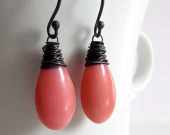 Pink Glass Drop Earrings, Almond Shaped, Coral Pink Earrings, Oxidized Sterling Silver, Czech Glass, Wire Wrapped, Pink Teardrop Earrings