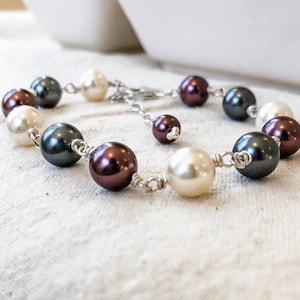 Merlot Pearl Chain Bracelet in Burgundy, Dark Gray & Cream, Sterling Silver Pearl Chain Bracelet, Bridesmaid Bracelet, Choose Your Colors