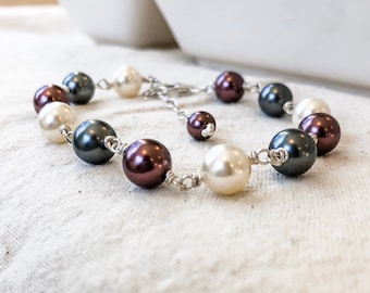 Merlot Pearl Hand Wrapped Bracelet, Dark Gray & Cream Pearl Chain in Sterling Silver or Gold - Choose Your Pearl Colors