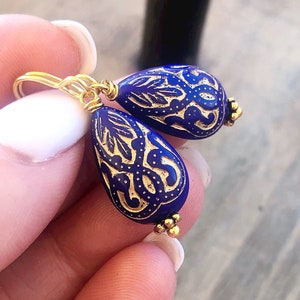 Cobalt and Gold Boho Teardrop Earrings, Vintage Style Gold Washed Embossed Earring, Royal Blue Statement Earrings, Gifts for Her Under 30