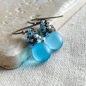 Baby Blue Sea Glass Earrings, Colorful & Chic Summer Sky Blue Earrings, Matte Frosted Boho Beach Earrings, Wire Wrapped Earrings For Her image 4