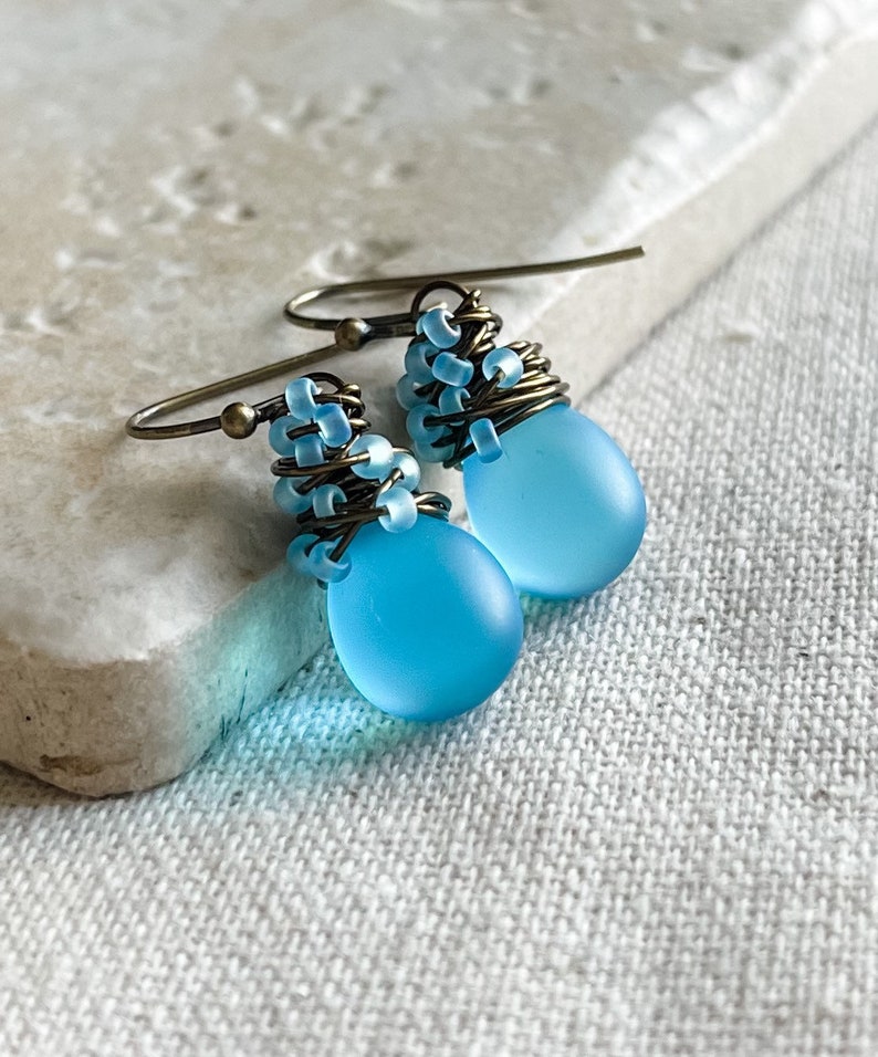 Baby Blue Sea Glass Earrings, Colorful & Chic Summer Sky Blue Earrings, Matte Frosted Boho Beach Earrings, Wire Wrapped Earrings For Her image 4
