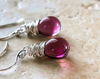 Dark Plum Glass Earrings Wrapped in Sterling Silver, Purple Tiny Dangle Earrings, Eggplant Czech Glass, Gift For Her Under 40