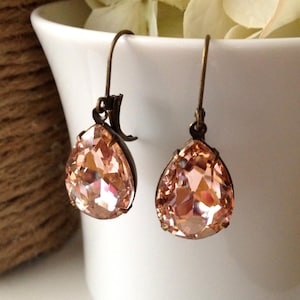 Peach Glass Dangle Earrings, Charming Vintage Style Peach Jewel Drop Earring, Gift for Her Under 30, Peach Bridesmaid Earrings