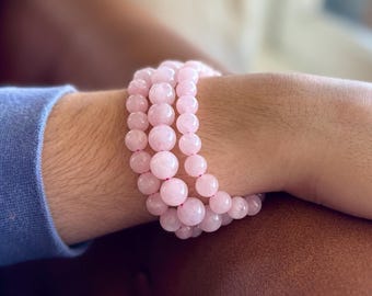 Armbandsset med rosenkvarts, stapelbara stretcharmband med naturliga ädelstenspärlor