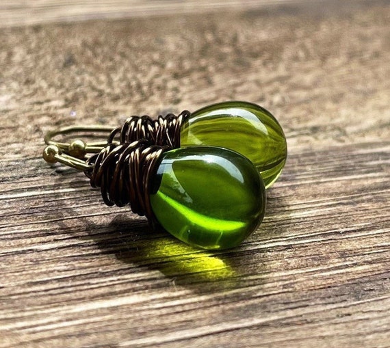 Olive Green Teardrop Earrings, Antique Brass Wrapped Moss Green Czech Glass, Small Dangle Earrings, Perfect Gift Under 30