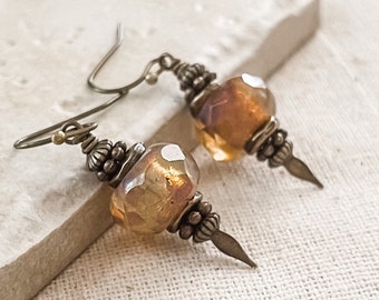 Fall Toasted Latte Glass Dangle Earrings, Czech Glass Beads Wrapped in Antiqued Brass, Vintage Style Drop Earring, Gifts for Her Under 40