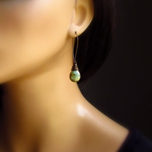 Sage Green Glass Drop Earrings, Earthen Green Teardrop Dangle Earrings, Handmade Gifts For Her Under 30, Antiqued Brass Wrapped image 7