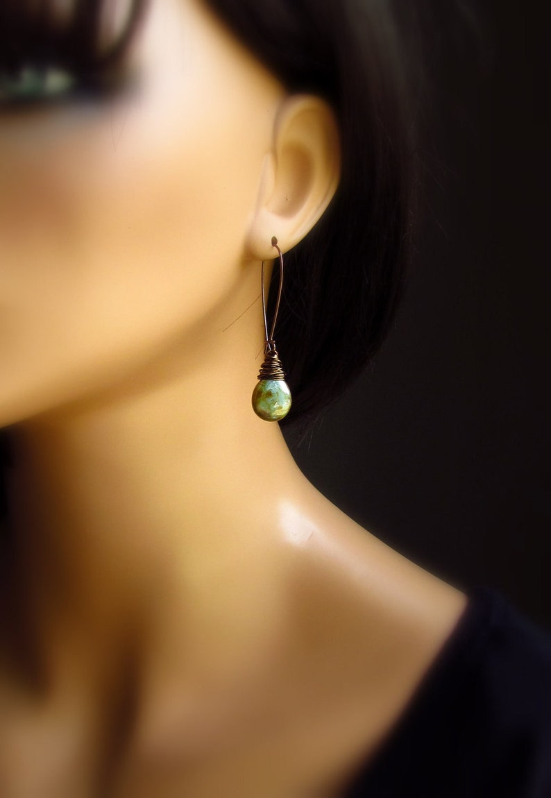 Sage Green Glass Drop Earrings, Earthen Green Teardrop Dangle Earrings, Handmade Gifts For Her Under 30, Antiqued Brass Wrapped image 7