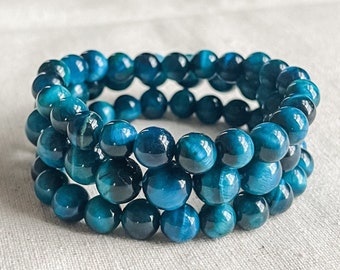 Cerulean Blue Tiger's Eye Multi-Strand Stretch Bracelet Set, Gifts for Her Under 30,  Real Stone Jewelry to Elevate Your Style