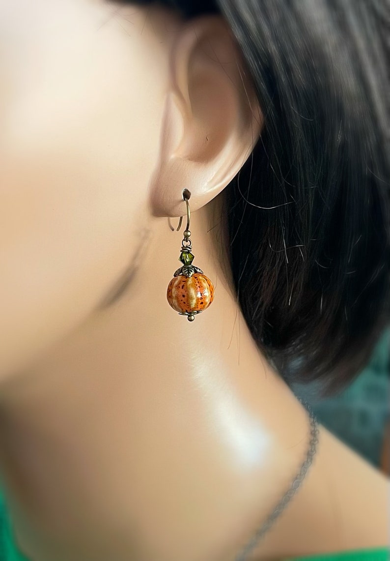 Cute Fall Pumpkin Earrings, Autumn Pumpkin Drop Earrings, Autumn Ceramic Bead Earrings, Porcelain Bead Earrings, Gifts For Her Under 30 image 3