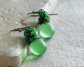 Matte Peridot Green Glass Earrings, Colorful & Chic Summer Earrings For Her Under 50, Tiny Dangle Earrings | Spring Green Glass Earrings