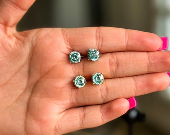 Green Moissanite Stud Earrings, 8mm Fine Portuguese Cut - 4.0 TCW Teal Green VVS1 Moissanite, Sterling Silver or Gold Statement Gift for Her