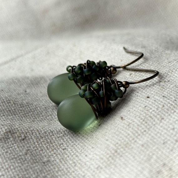 Sage Green Sea Glass Earrings, Moss Green Colorful Dangle Earrings, Czech Glass Wire Wrapped in Antiqued Brass, Gifts For Her Under 40