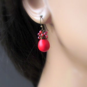 Little Red Drop Earrings, Poppy Red Glass Dangle Earrings, Hand Wrapped in Antiqued Brass, Gifts for Mom Under 30 image 3