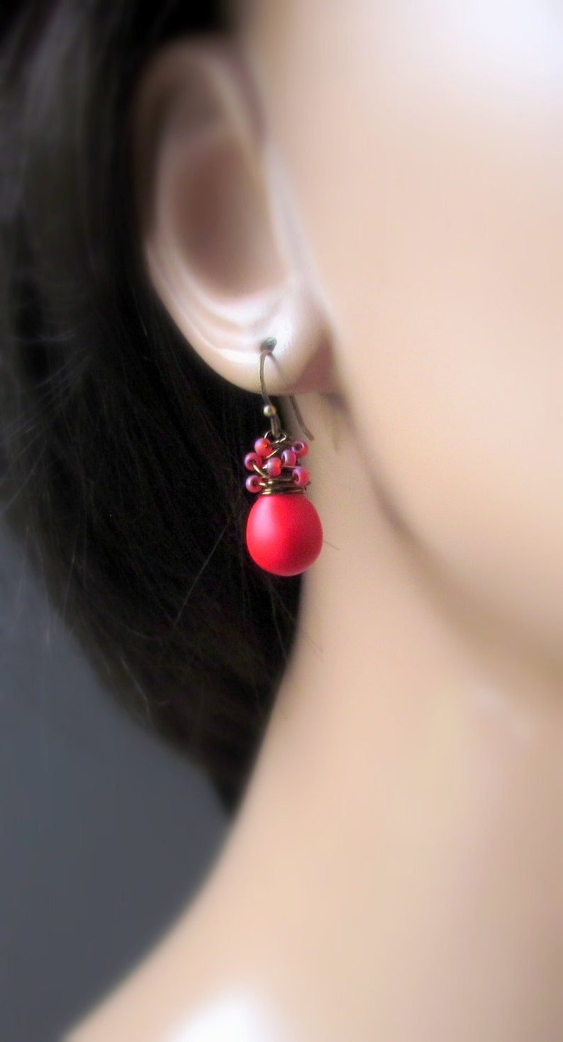 Little Red Drop Earrings, Poppy Red Glass Dangle Earrings, Hand Wrapped in Antiqued Brass, Gifts for Mom Under 30 image 3