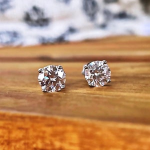 Moissanite Earrings, Classic Diamond Studs, VVS1 Certified Solitaire Push Back Earrings in Sterling Silver or Gold, April Birthstone Gifts