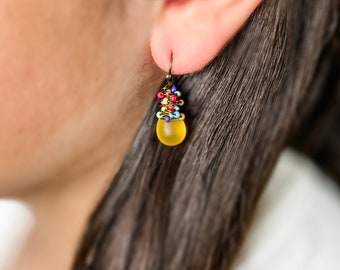 Sunny Yellow Color Pop Earrings, Cute Colorful Dangle Earrings for Summer, Gifts For Her Under 30, Glass & Antiqued Brass