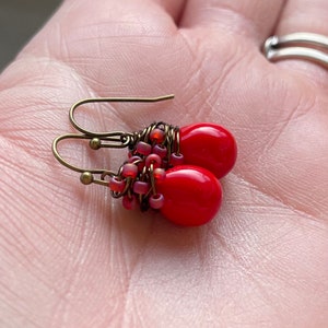 Little Red Drop Earrings, Poppy Red Glass Dangle Earrings, Hand Wrapped in Antiqued Brass, Gifts for Mom Under 30 image 6