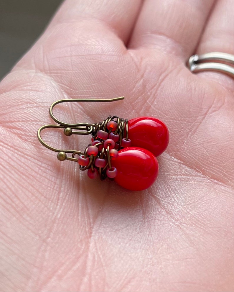 Little Red Drop Earrings, Poppy Red Glass Dangle Earrings, Hand Wrapped in Antiqued Brass, Gifts for Mom Under 30 image 6