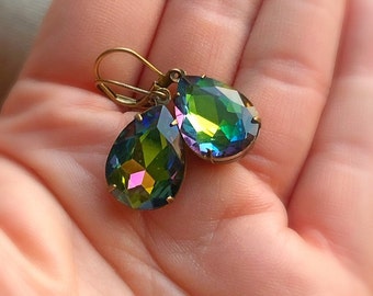 Peacock Glass Earrings, Vintage Style Jewels, Antiqued Brass Dangle Earring, Brilliant Rainbow Glass Teardrop Earrings, Gifts for Her