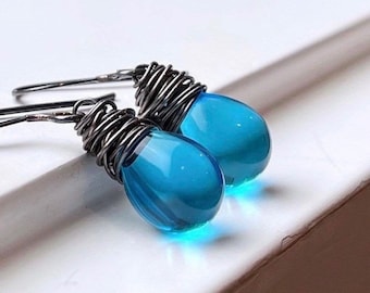 Sky Blue Glass Earrings, Aquamarine, Czech Glass Earrings, Oxidized Sterling Silver, Minimalist, Peacock Blue, Wire Wrapped Handmade Jewelry