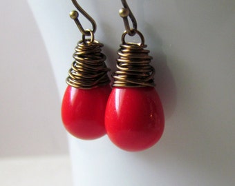Candy Apple Red Czech Glass Earrings, Antiqued Brass Wrapped Teardrop Dangles